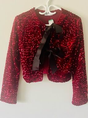 Red Sequin Cropped Velvet Top with Black Ribbon Tie